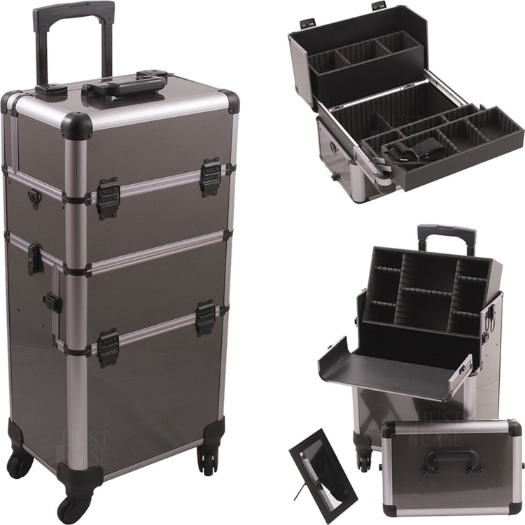 Rolling makeup case 2 in1 multifunctional 4 wheels Professional aluminum makeup