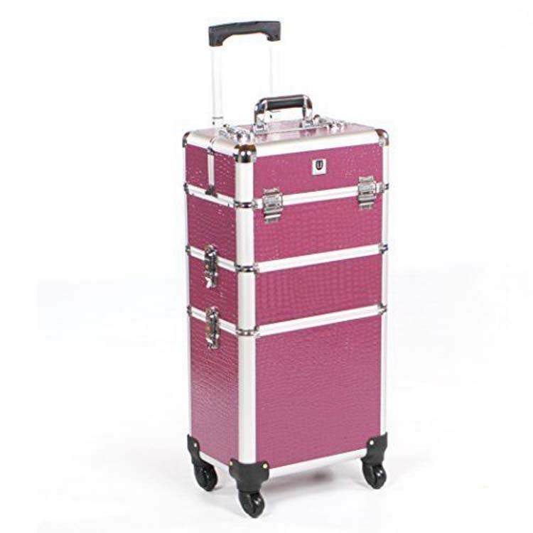 Aluminum makeup rolling case travel cosmetic 3 in 1 makeup case mafacturer