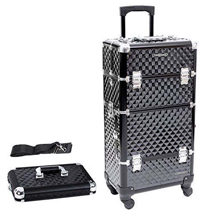 Black color diamond pattern 2 in 1 Rolling makeup case rolling cosmetic case