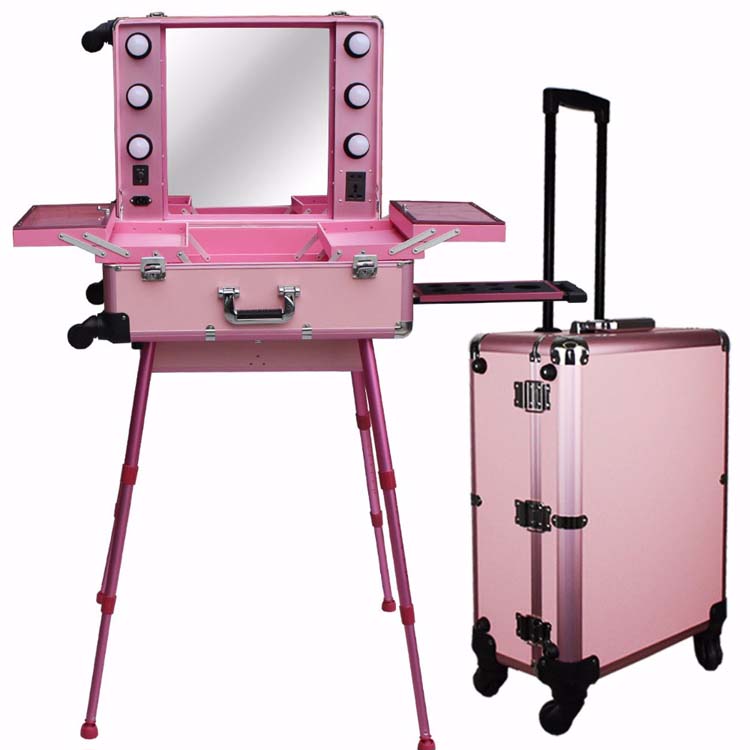 Pink color beautiful style high quality makeup case station with ligh and mirror