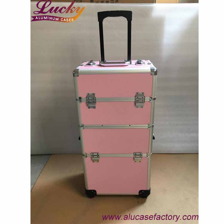 Aluminum trolley makeup case 2 in1 handle case makeup case with wheels