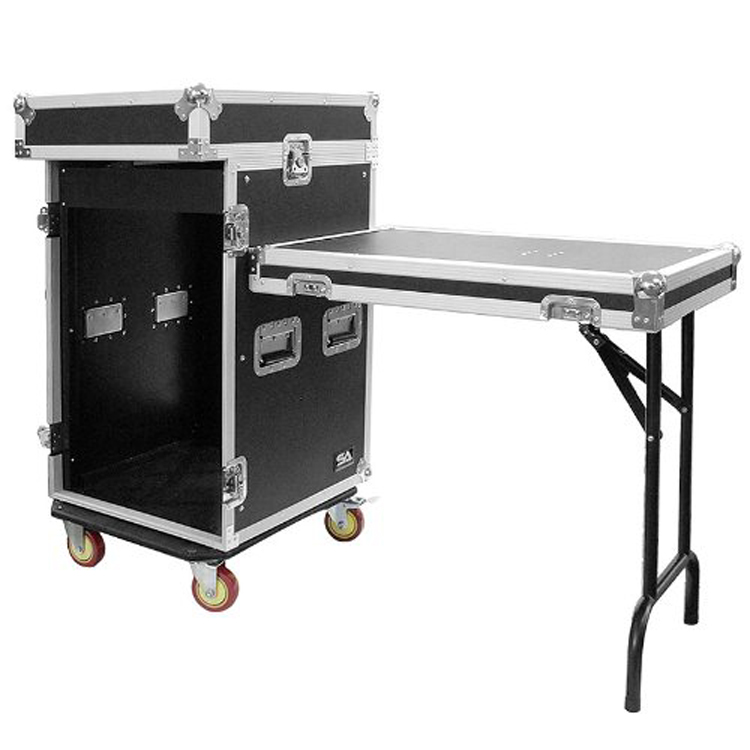 16U space rack flight case with mixer top and DJ work table flight case