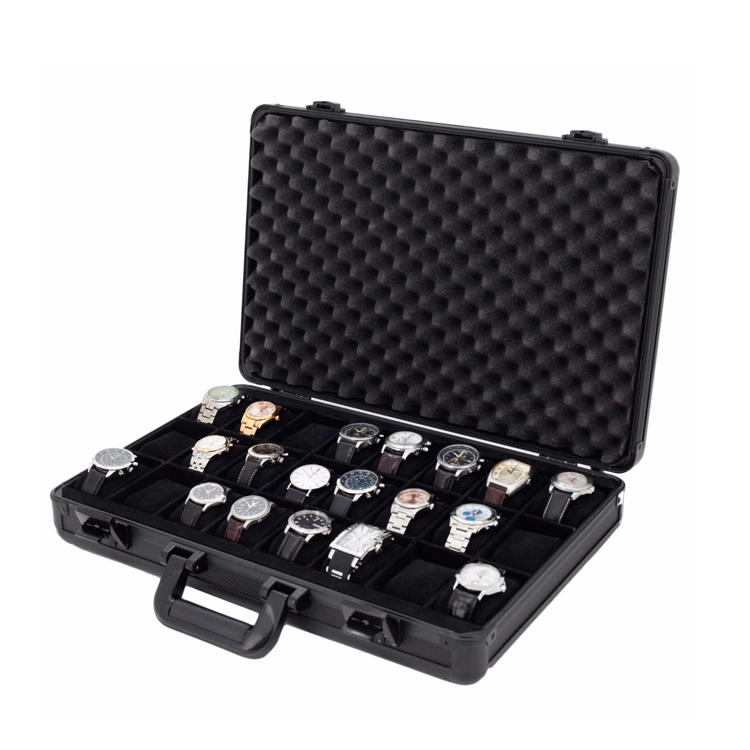 Aluminum Watch Case Black Briefcase Design For 24 Large Watches