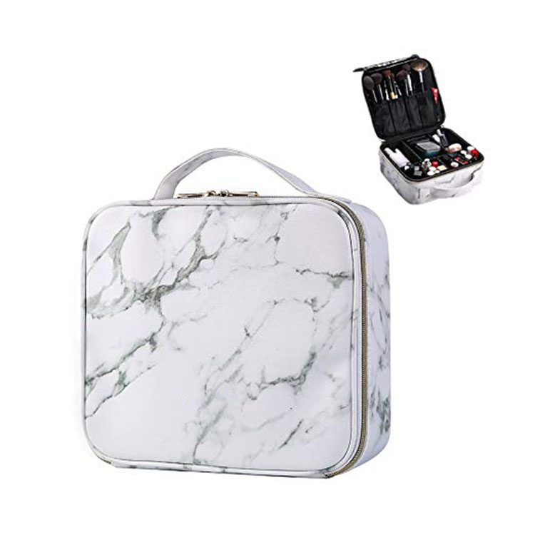 Travel Makeup Case with Adjustable Dividers White Marble Makeup Organizer Bag