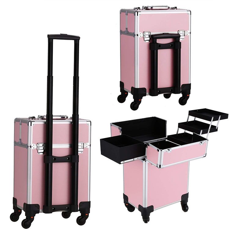 Aluminum Rolling Makeup Case Salon Cosmetic Organizer Trolley Train Case Pink