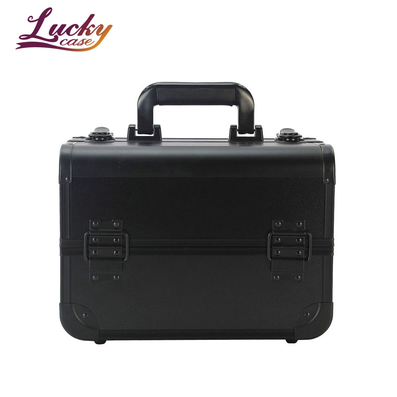 High Capacity Artist Travel Black Aluminum Cosmetic Storage Case With 4 Trays