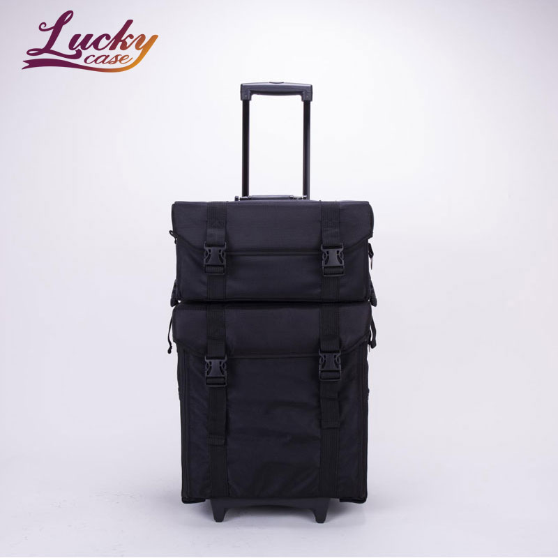 Black Professional Oxford Cosmetic Trolley Case 2 in 1 Large Cosmetic Tool Bag