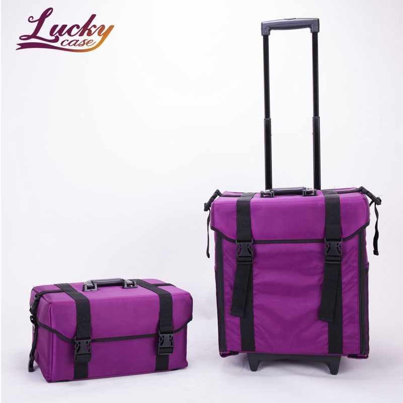 Purple Trolley Cosmetic Bag 8 Removable Drawers Makeup Artist Storage Case