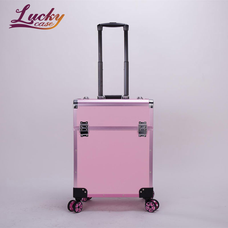 Pink Makeup Case Portable Rolling Cosmetic Case Travel Luggage Case Aluminum