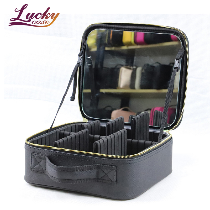 Waterproof Black Portable PU Makeup Train / Cosmetic / Storage Bags with Mirror