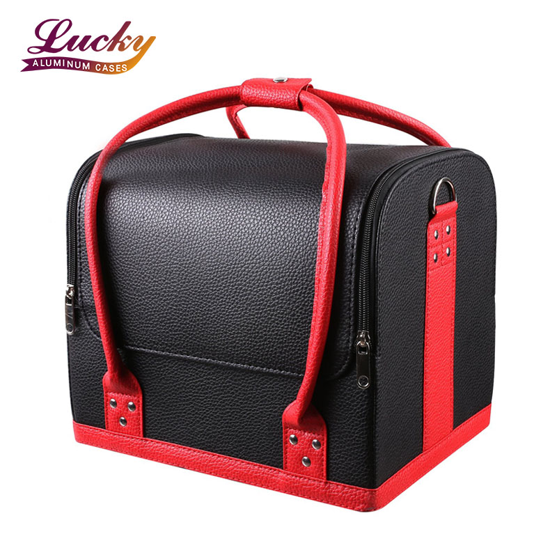 Luxury PU Makeup Organizer Bag with Shoulder Strap Adjustable Dividers