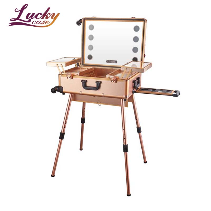 Beautiful  trolley makeup case with LED inside and mirror with bluetooth speaker