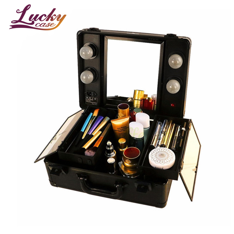 Portable Black Aluminum Small lighted Beauty Case With Mirror