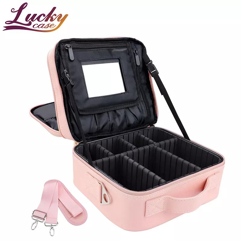 Travel Makeup Bag Pink Portable Cosmetic Bag with Adjustable Dividers