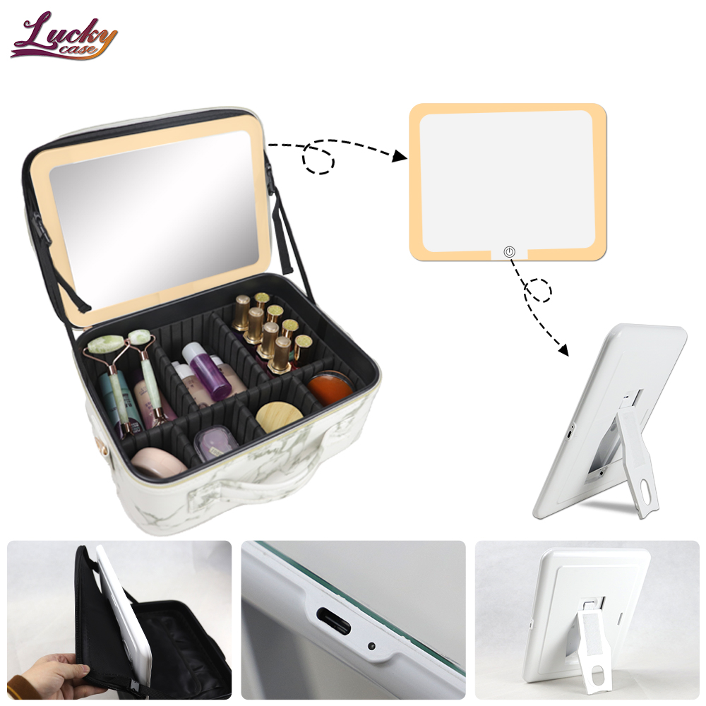 Marble Makeup Bag with Light Up Mirror Travel Makeup Case with Dividers