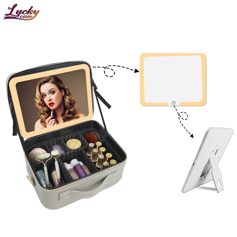 Travel Makeup Bag Case With Led Light Mirror Custom Cosmetic Case with Dividers